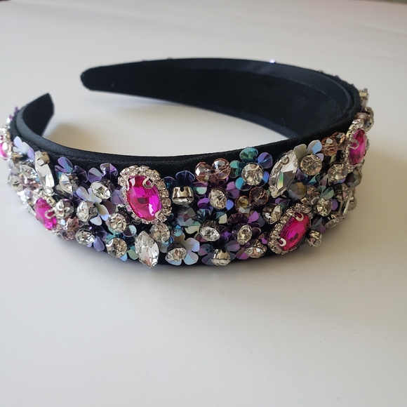 Handmade Full Black Fuchsia Crystal Beads Headband with Sequins For Women - Picture 2 of 7